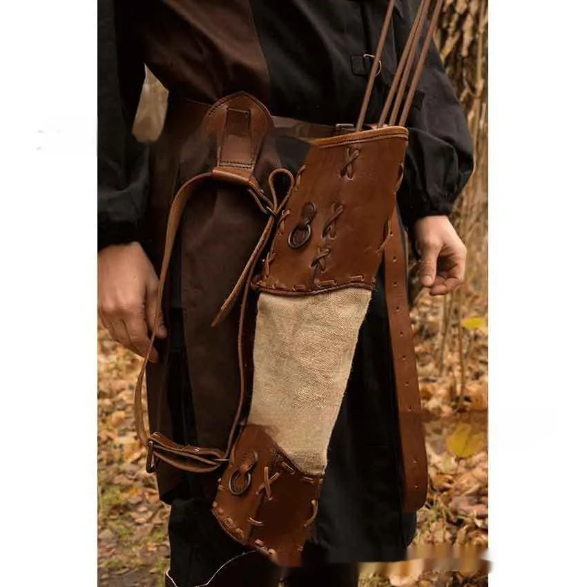 Brown hand-knitted leather medieval quiver bag with lace-up strap