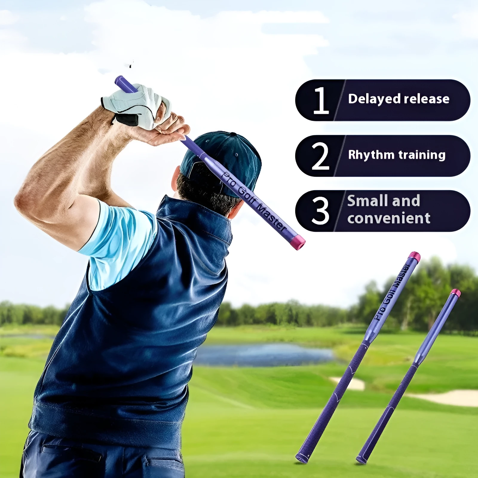 Golf training club with sound swing link on grass for swing practice