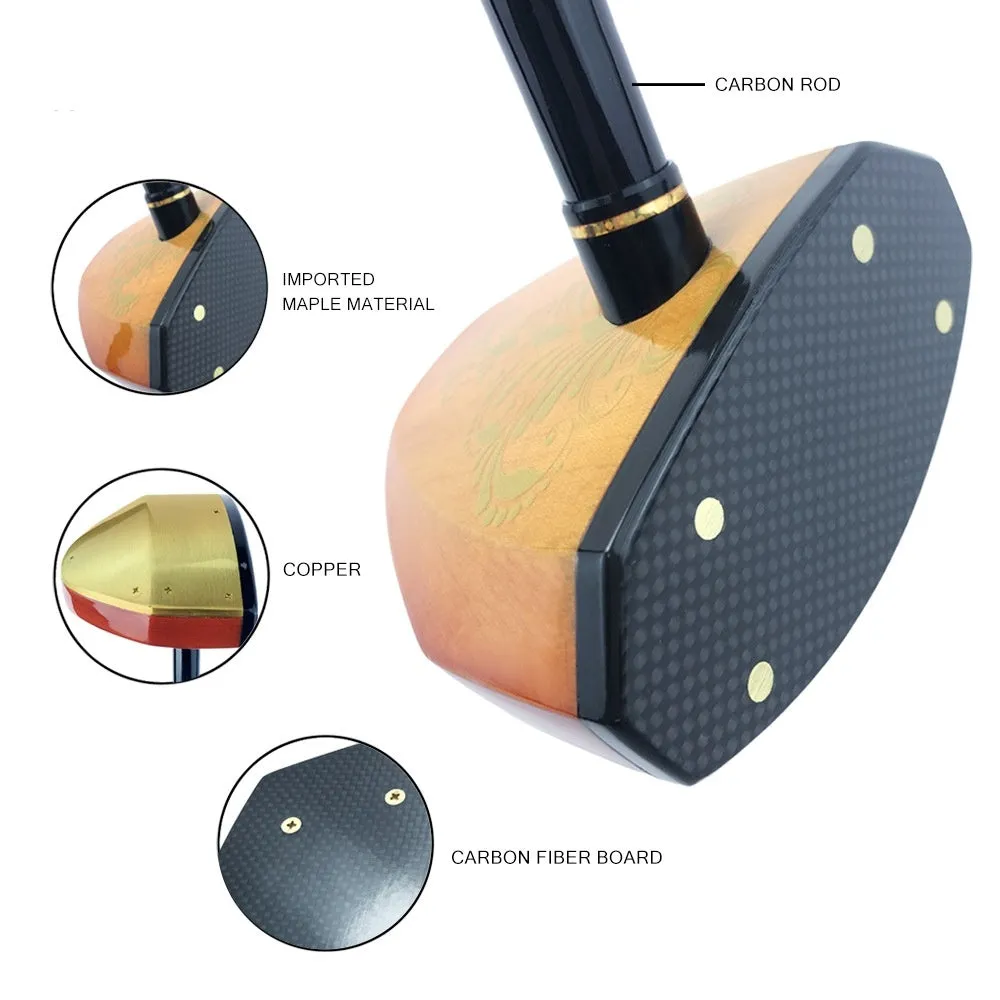 Maple head green golf training club with carbon rod body on a practice mat