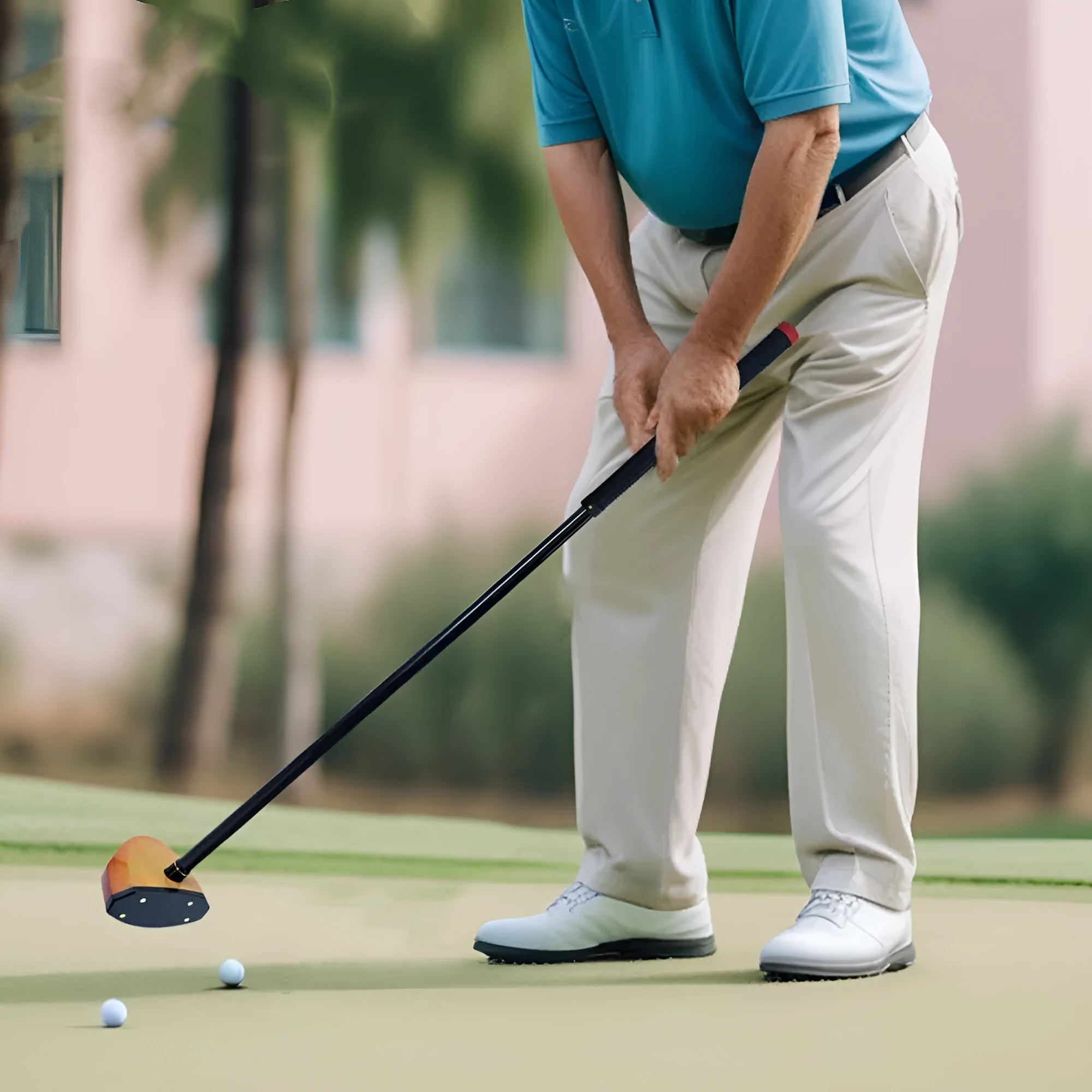 Maple head green golf training club with carbon rod body on a practice mat