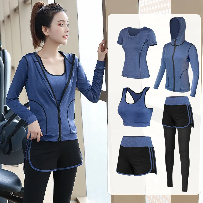 Blue loose fit quick-drying yoga sports suit with short sleeves for autumn gym wear