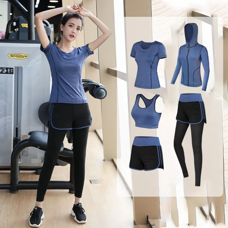Blue loose fit quick-drying yoga sports suit with short sleeves for autumn gym wear