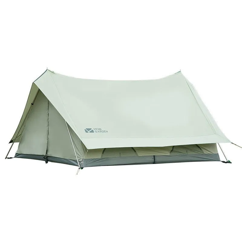 Large family camping tent in mountain green and ivory white with aluminium poles and Oxford base