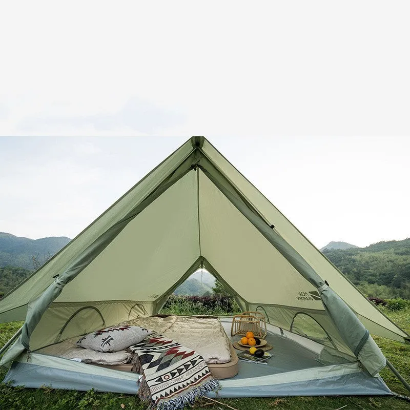 Large family camping tent in mountain green and ivory white with aluminium poles and Oxford base