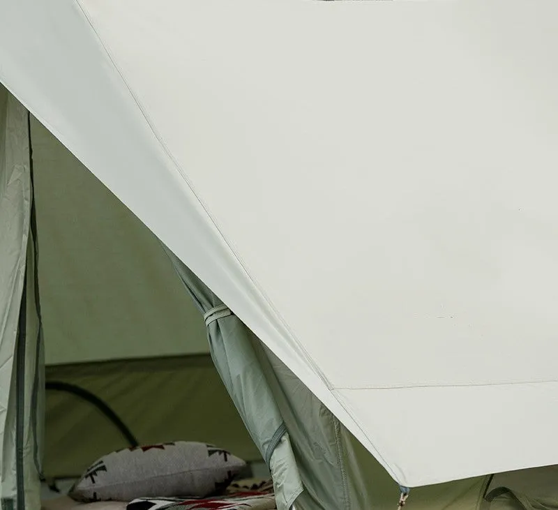 Large family camping tent in mountain green and ivory white with aluminium poles and Oxford base