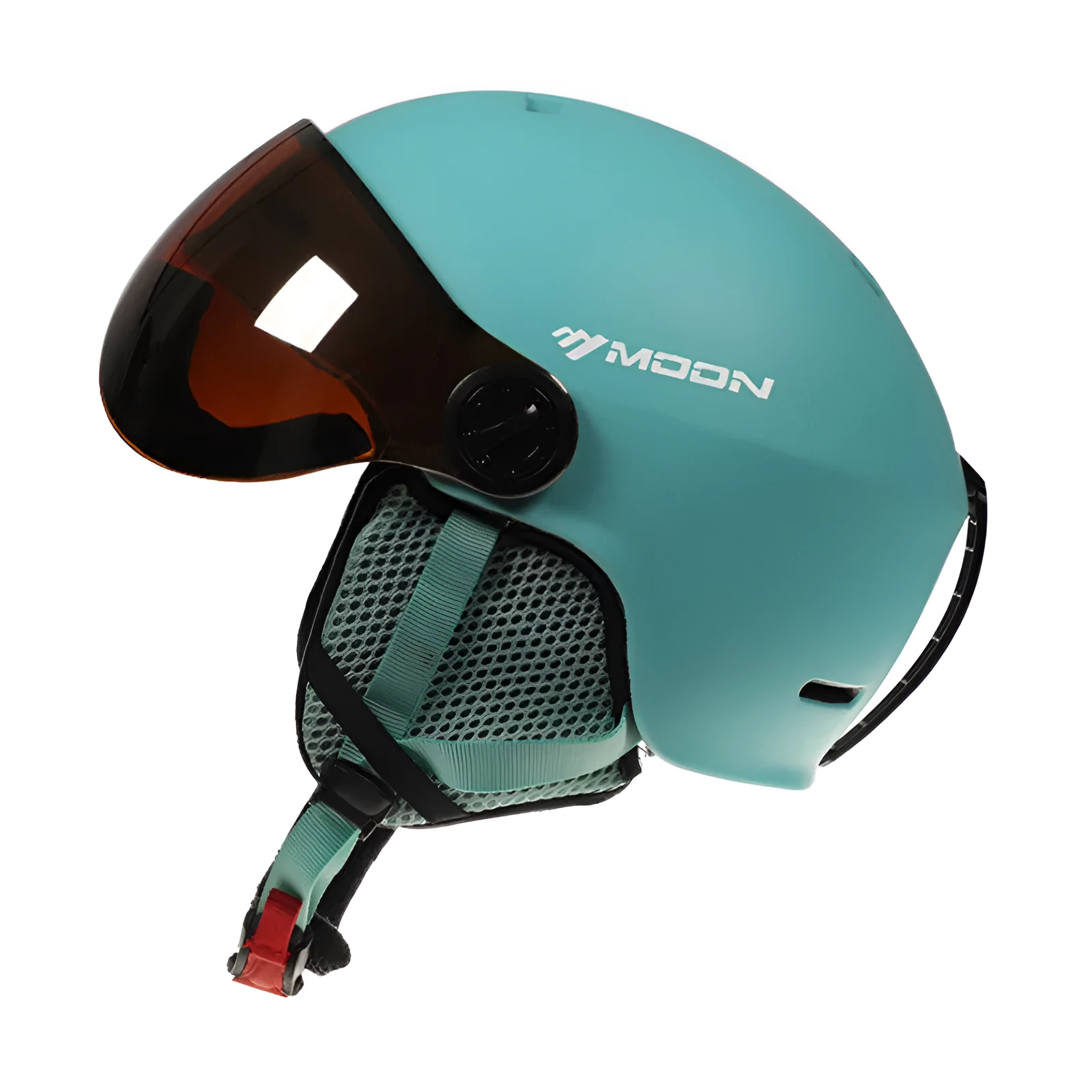 Moon ski helmet in black with polycarbonate shell and retractable visor on white background