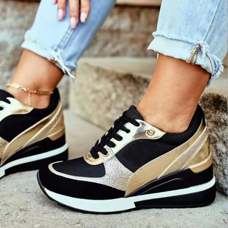 Women's black and gold platform colourblock sequin flat casual sneakers with lace-up closure on white background