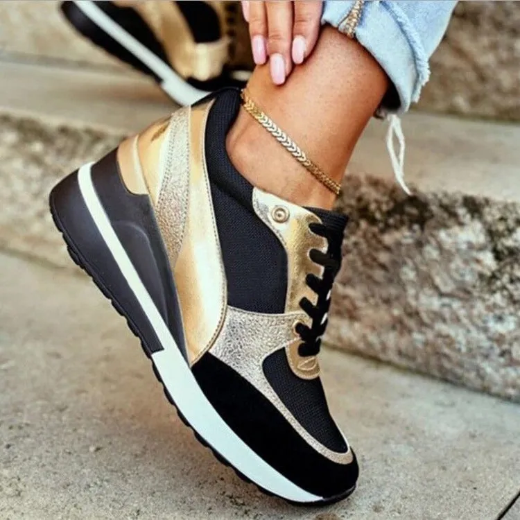 Women's black and gold platform colourblock sequin flat casual sneakers with lace-up closure on white background