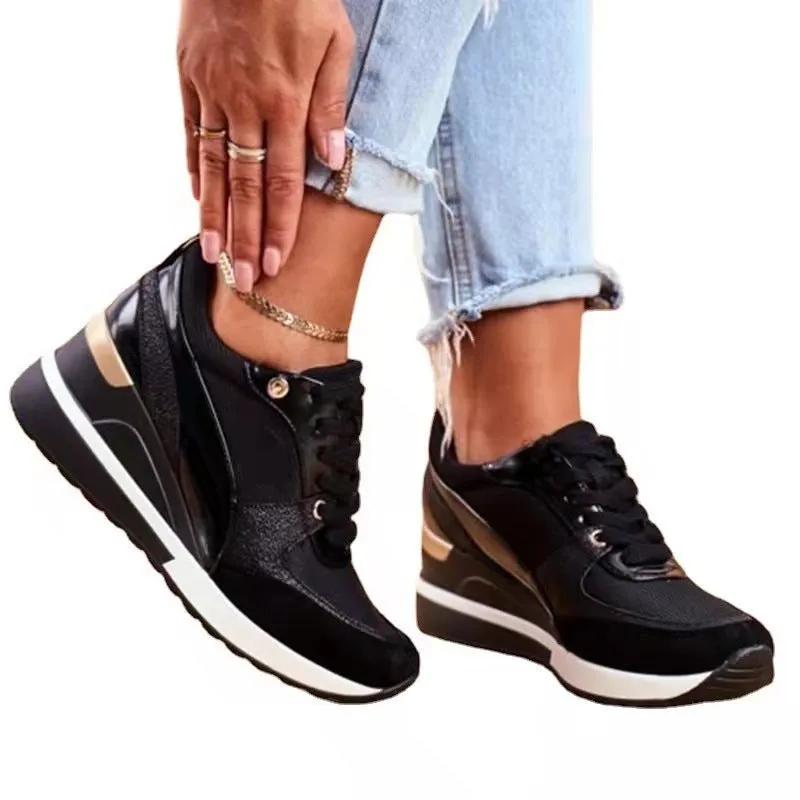 Women's black and gold platform colourblock sequin flat casual sneakers with lace-up closure on white background