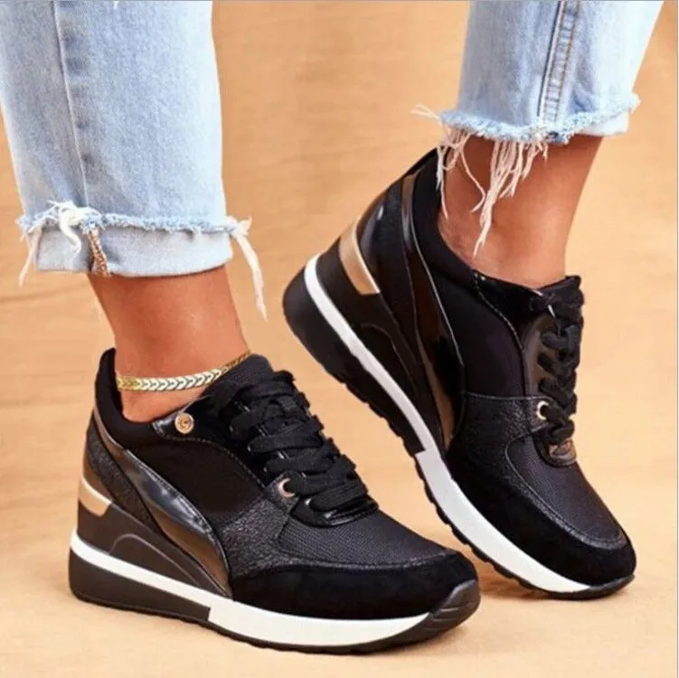 Women's black and gold platform colourblock sequin flat casual sneakers with lace-up closure on white background