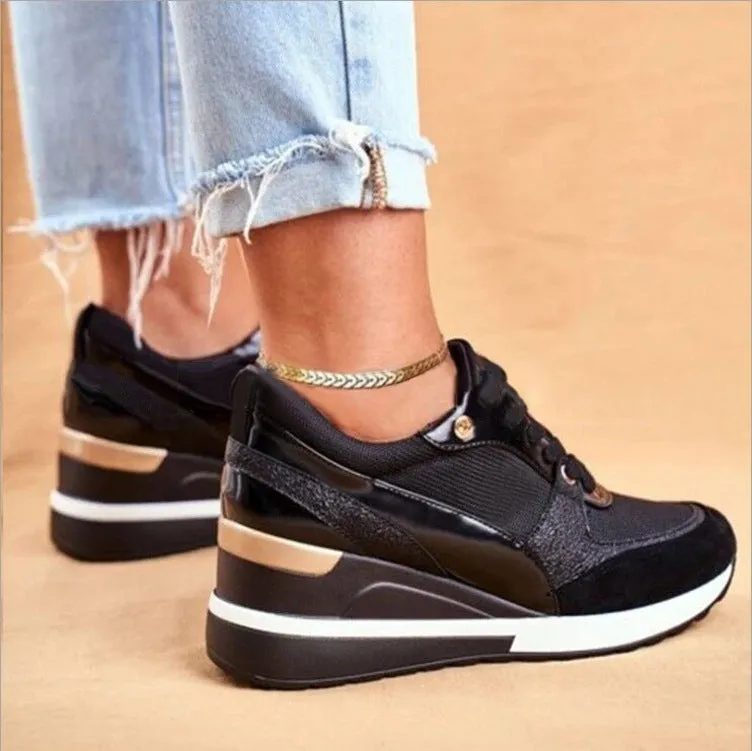 Women's black and gold platform colourblock sequin flat casual sneakers with lace-up closure on white background