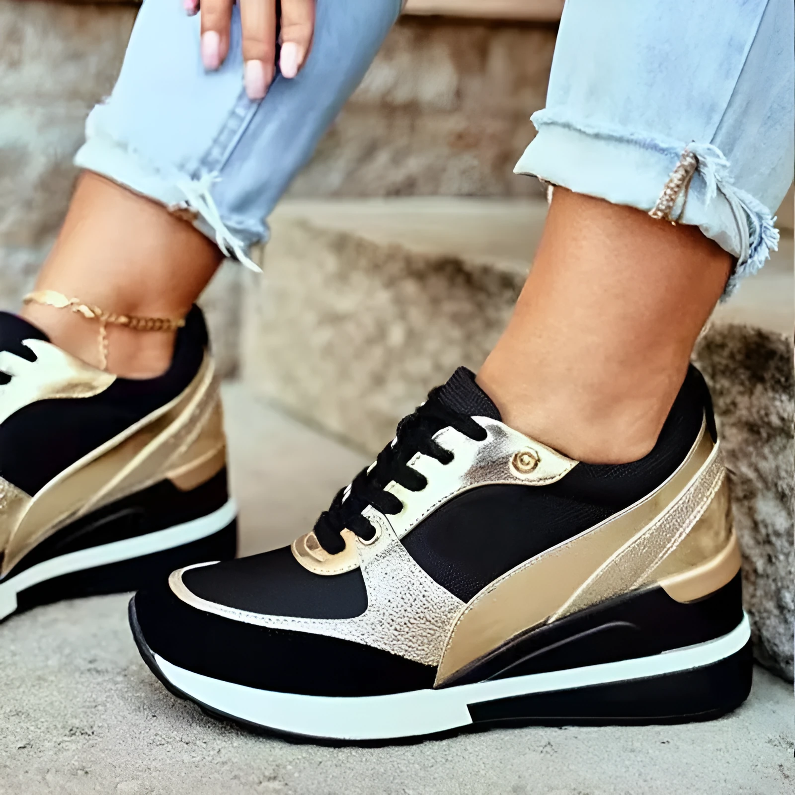 Women's black and gold platform colourblock sequin flat casual sneakers with lace-up closure on white background