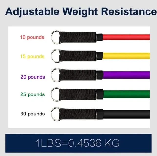 16-piece latex resistance band set with purple, green, and black traction ropes, handles, foot rings, door buckle, and storage bag