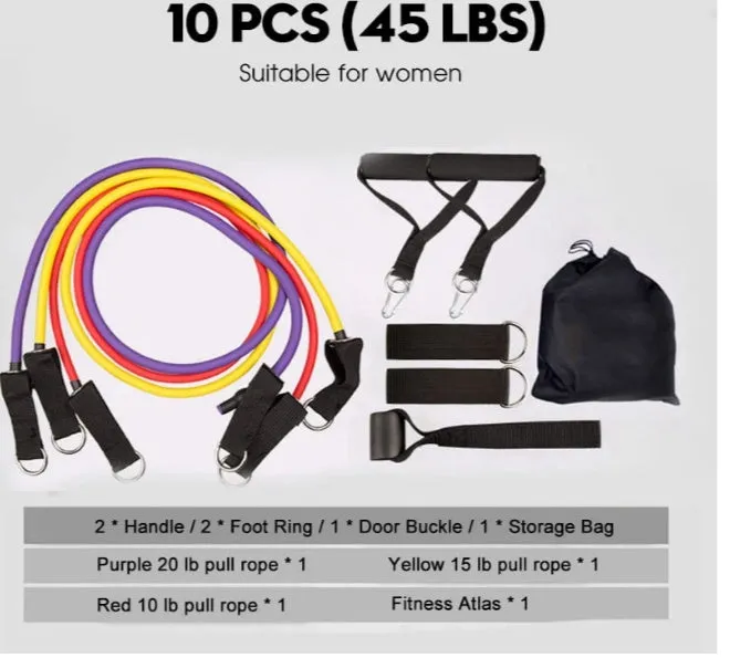 16-piece latex resistance band set with purple, green, and black traction ropes, handles, foot rings, door buckle, and storage bag