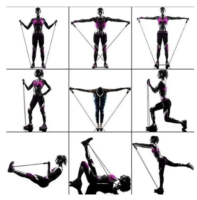 16-piece latex resistance band set with purple, green, and black traction ropes, handles, foot rings, door buckle, and storage bag