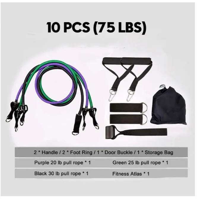 16-piece latex resistance band set with purple, green, and black traction ropes, handles, foot rings, door buckle, and storage bag