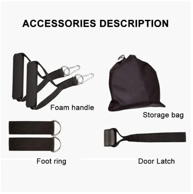 16-piece latex resistance band set with purple, green, and black traction ropes, handles, foot rings, door buckle, and storage bag