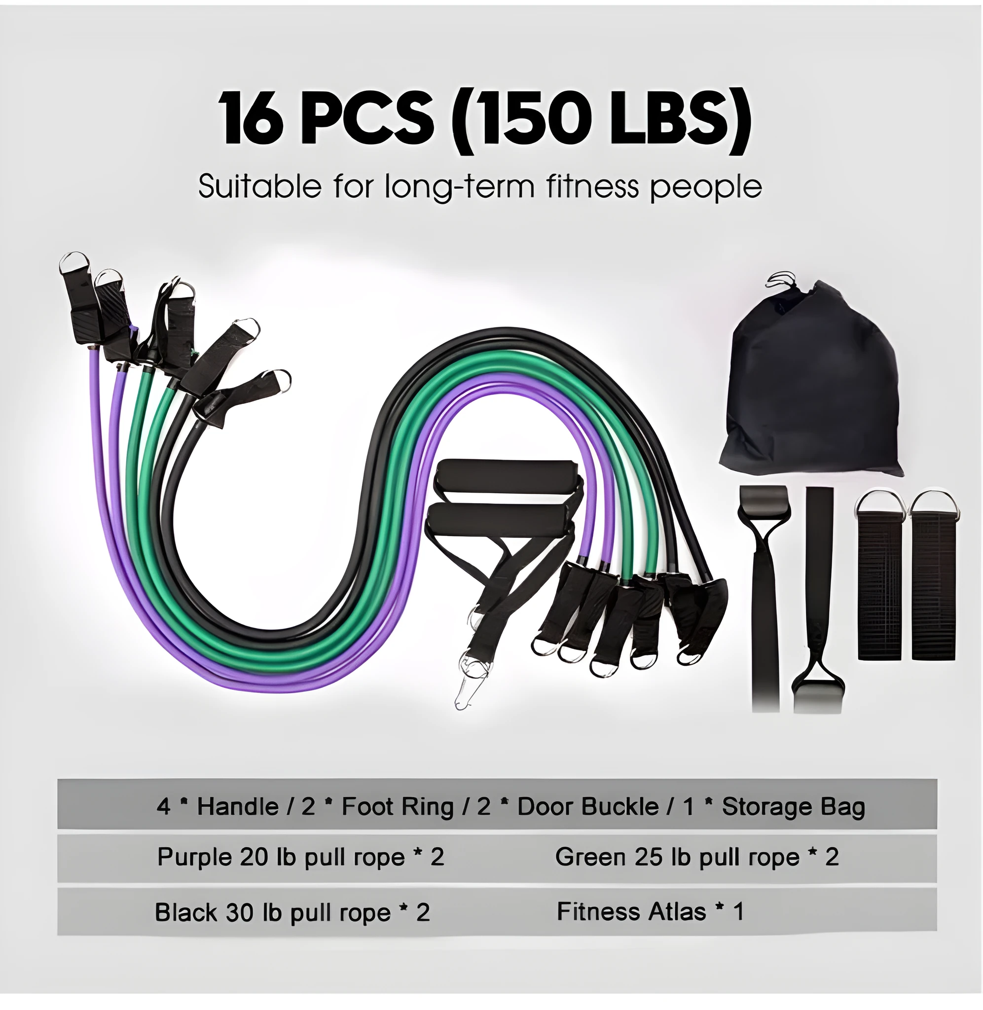 16-piece latex resistance band set with purple, green, and black traction ropes, handles, foot rings, door buckle, and storage bag