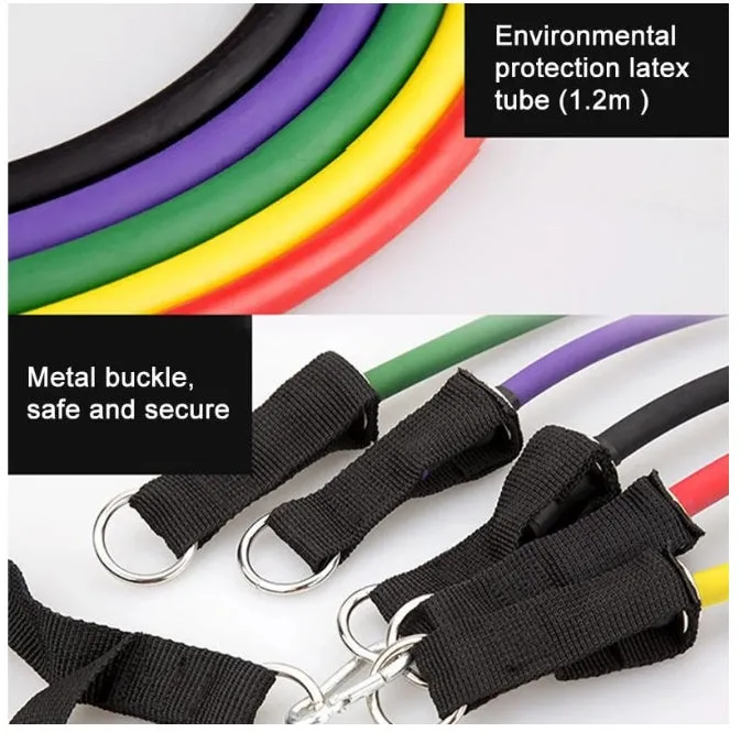 16-piece latex resistance band set with purple, green, and black traction ropes, handles, foot rings, door buckle, and storage bag