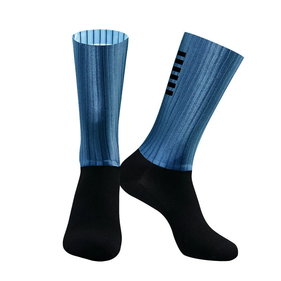 A pair of athletic cycling socks in a chemical fibre blend, shown in one of six available colours on a plain background.