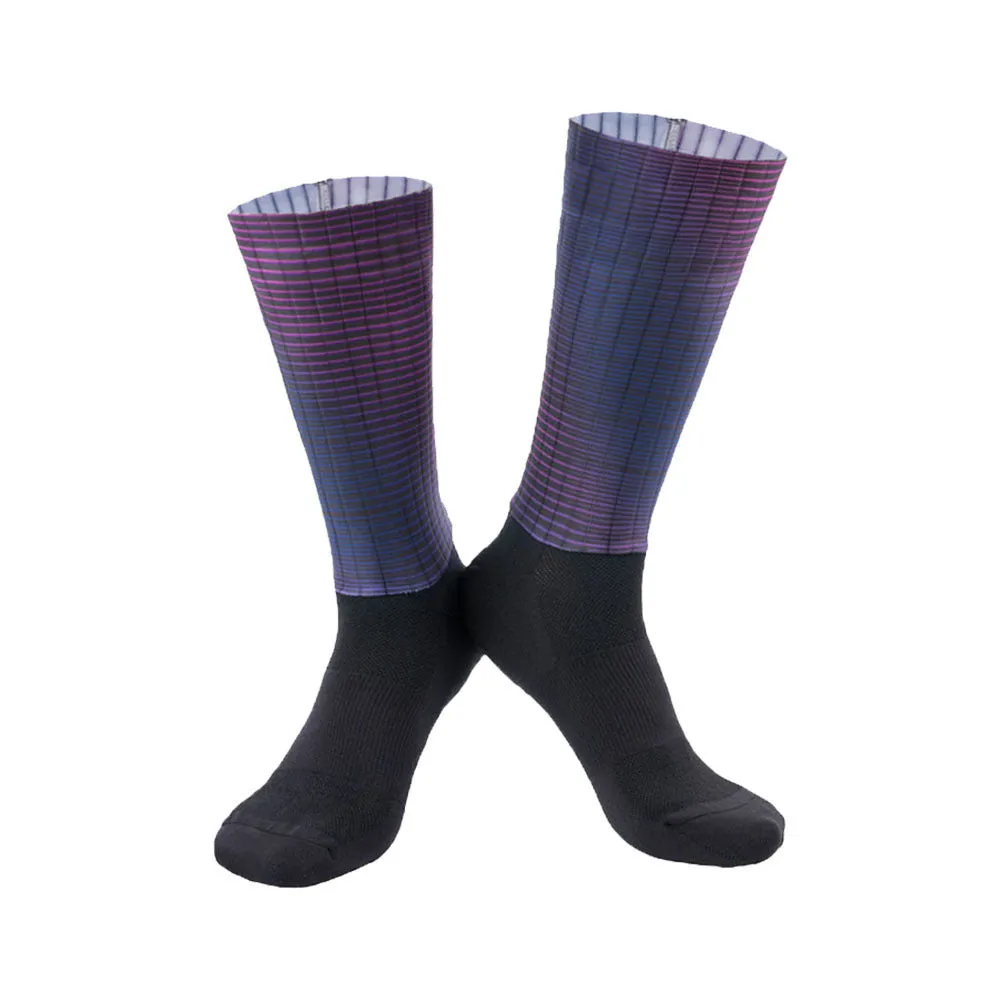 A pair of athletic cycling socks in a chemical fibre blend, shown in one of six available colours on a plain background.
