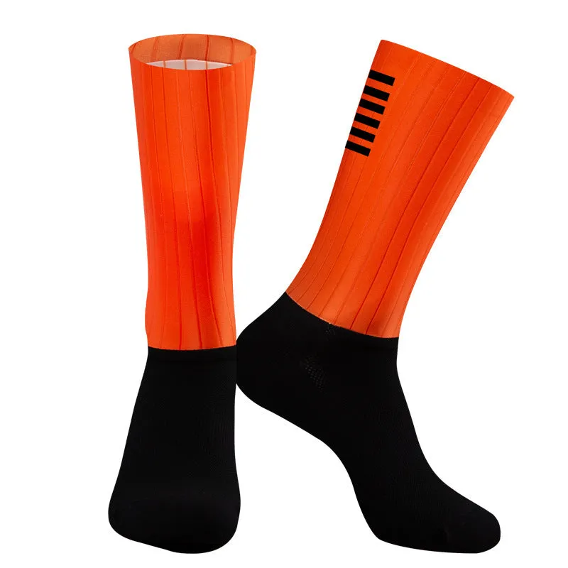 A pair of athletic cycling socks in a chemical fibre blend, shown in one of six available colours on a plain background.