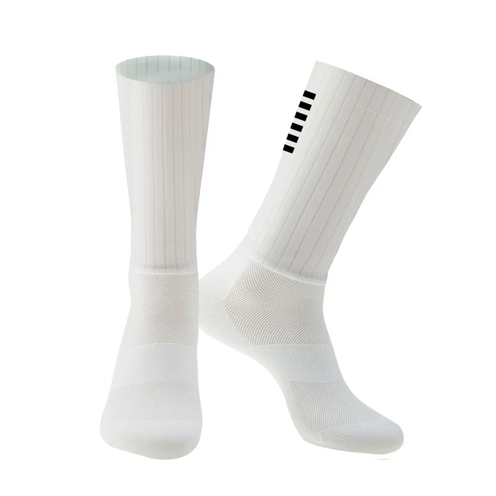 A pair of athletic cycling socks in a chemical fibre blend, shown in one of six available colours on a plain background.
