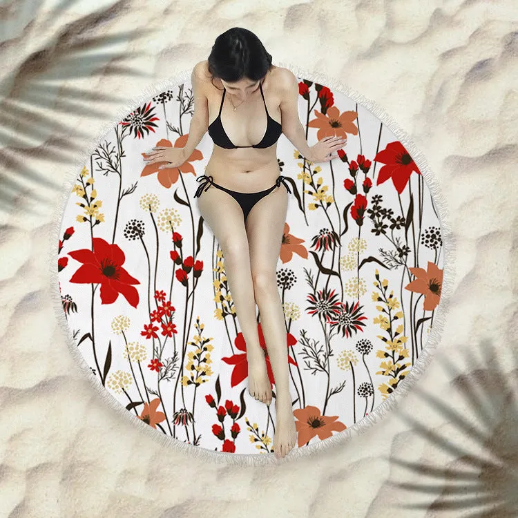 Fringed round beach towel 150x150cm in polyester microfiber, colour code X021