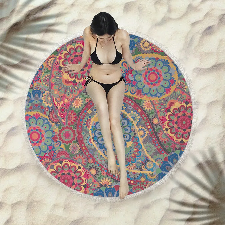 Fringed round beach towel 150x150cm in polyester microfiber, colour code X021