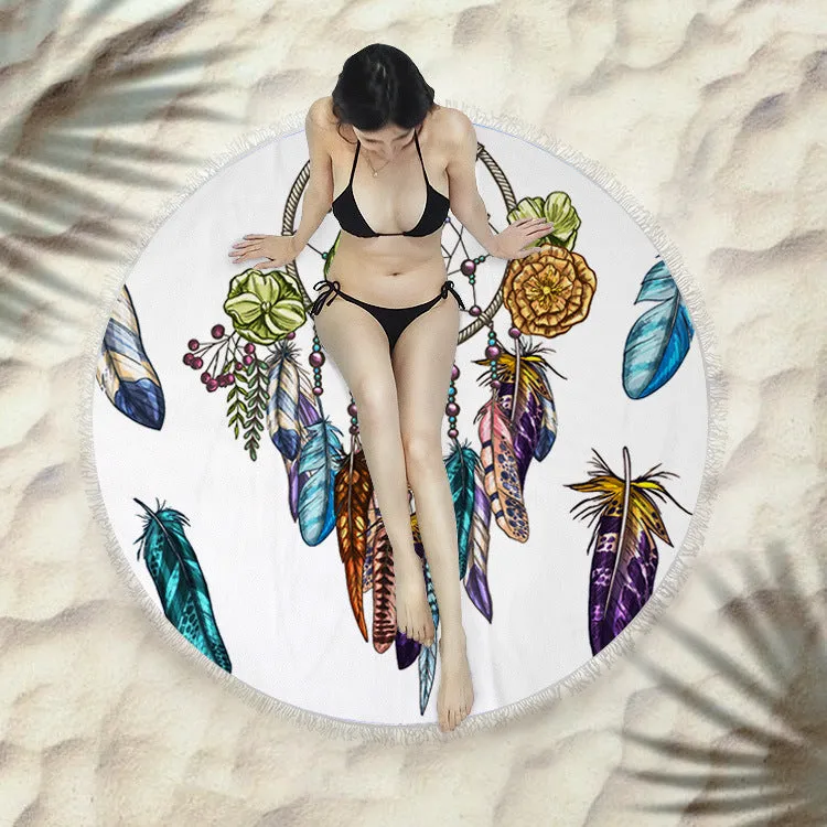 Fringed round beach towel 150x150cm in polyester microfiber, colour code X021