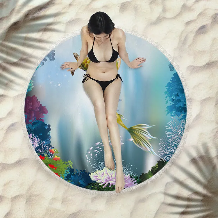 Fringed round beach towel 150x150cm in polyester microfiber, colour code X021