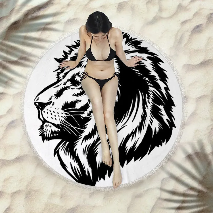 Fringed round beach towel 150x150cm in polyester microfiber, colour code X021