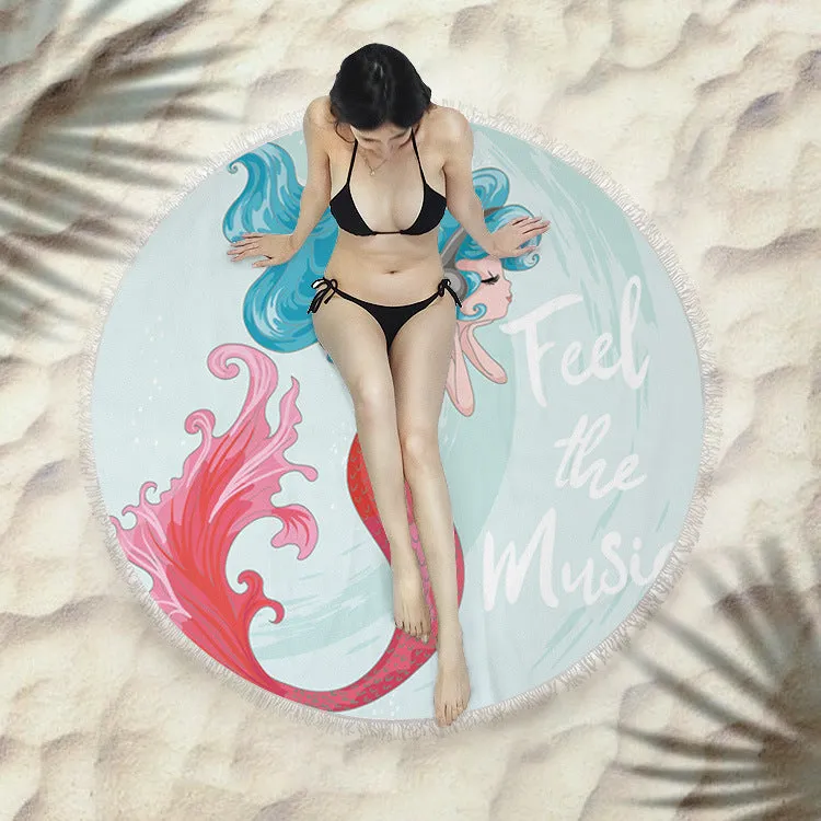 Fringed round beach towel 150x150cm in polyester microfiber, colour code X021