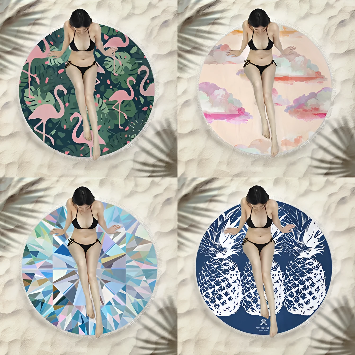 Fringed round beach towel 150x150cm in polyester microfiber, colour code X021