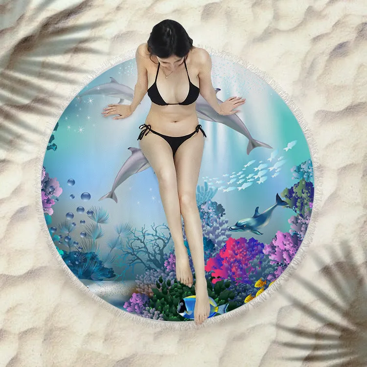 Fringed round beach towel 150x150cm in polyester microfiber, colour code X021