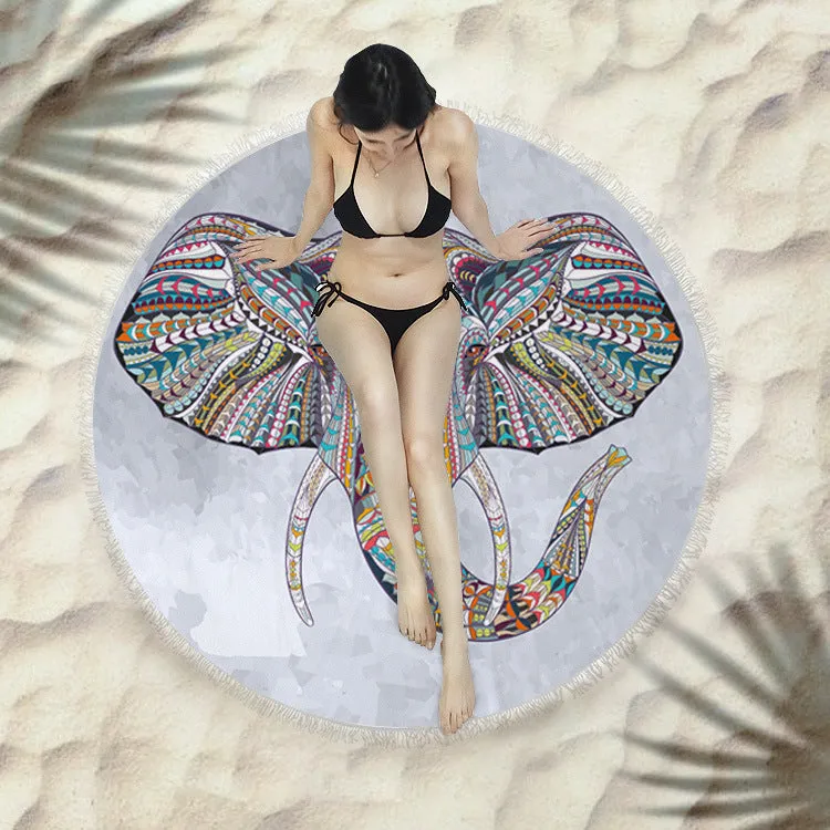 Fringed round beach towel 150x150cm in polyester microfiber, colour code X021