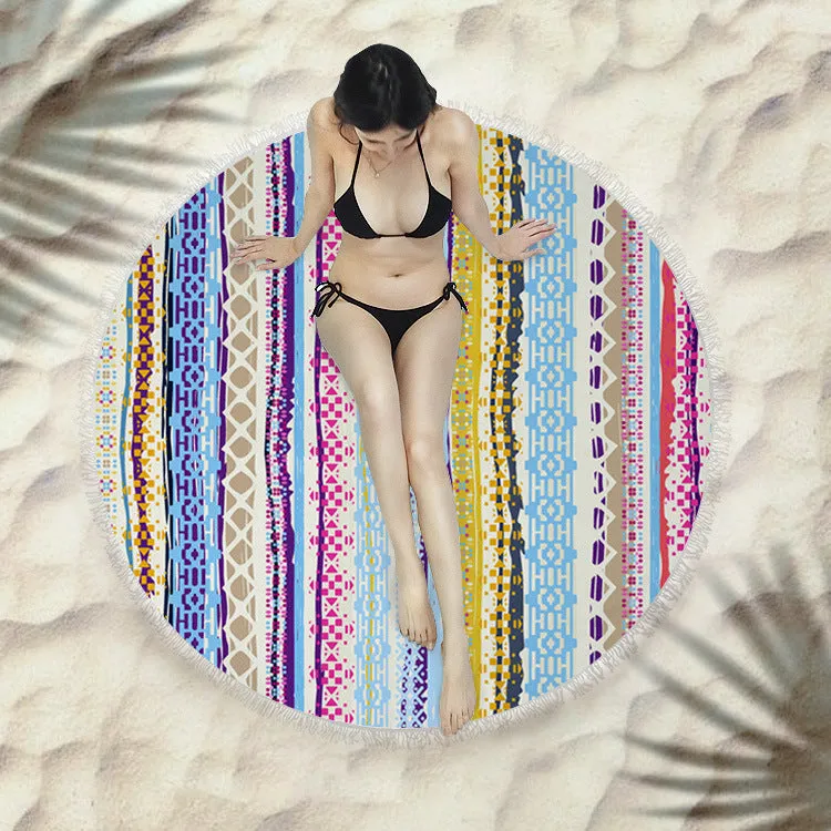 Fringed round beach towel 150x150cm in polyester microfiber, colour code X021