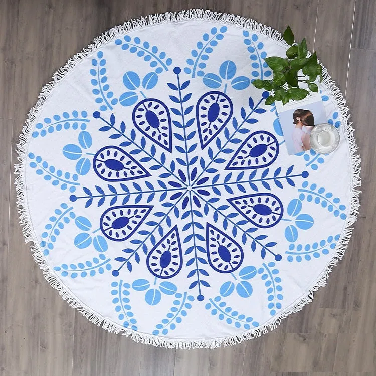 Fringed round beach towel 150x150cm in polyester microfiber, colour code X021