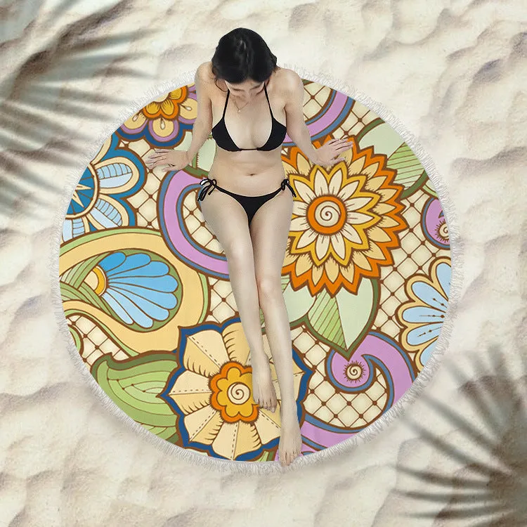 Fringed round beach towel 150x150cm in polyester microfiber, colour code X021