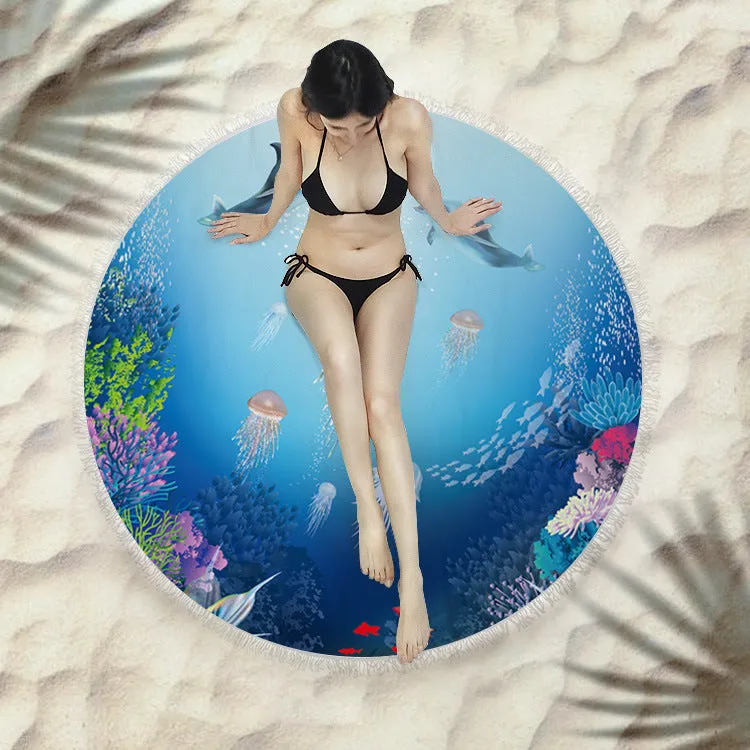 Fringed round beach towel 150x150cm in polyester microfiber, colour code X021