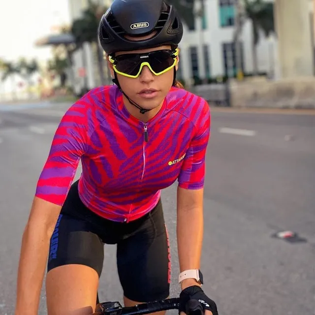 Attaquer women's All Day Kaleidoscope cycling jersey and bib shorts set shown in one of five available colour options.
