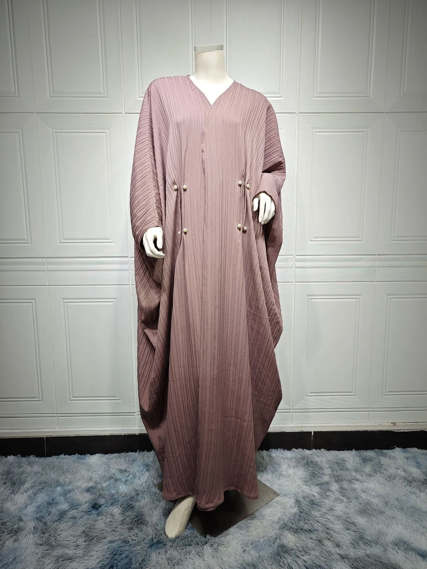 Turkish striped abaya cardigan robe in light coffee colour with batwing sleeves for Muslim women