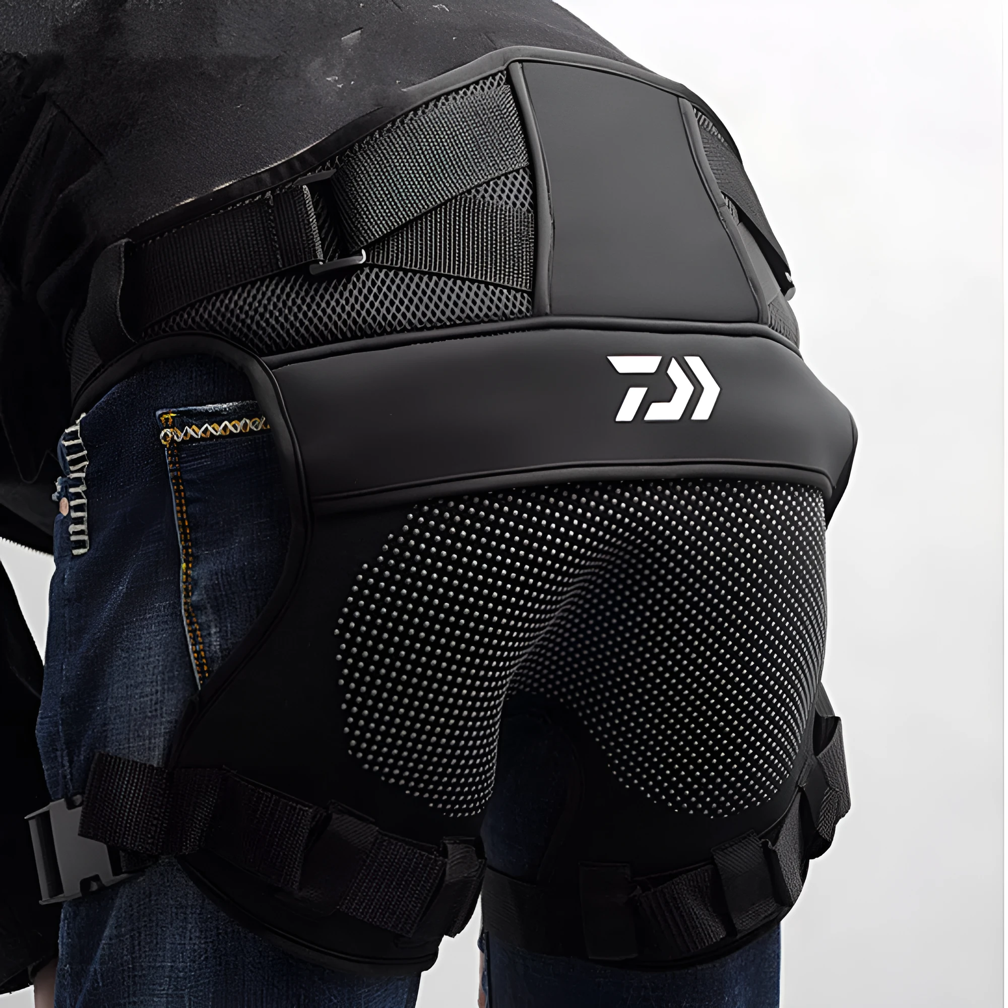 Black thick sea fishing cushion with non-slip rubber dots and adjustable waist belt buckles