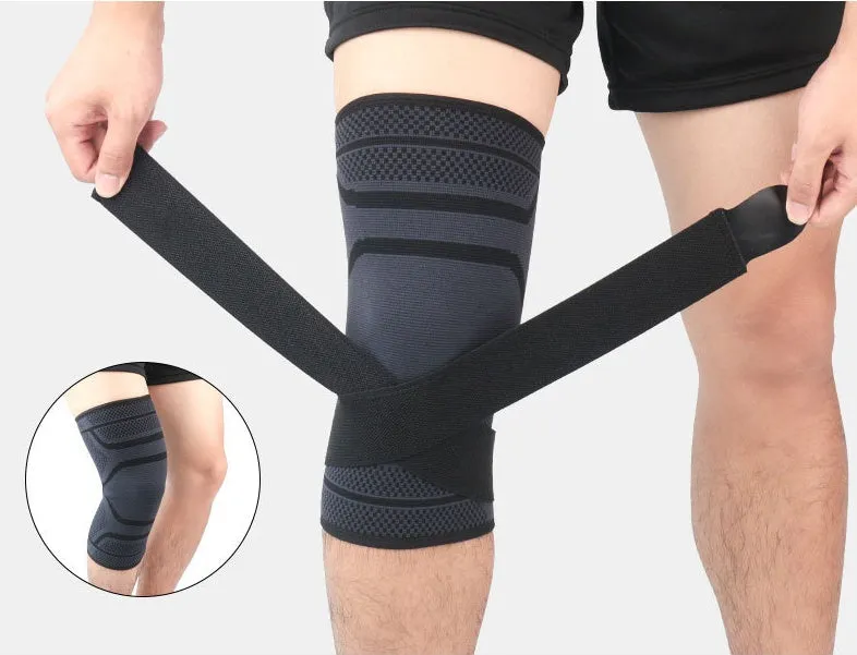 Adjustable sports knee pad with silicone non-slip strip in black knitted fabric