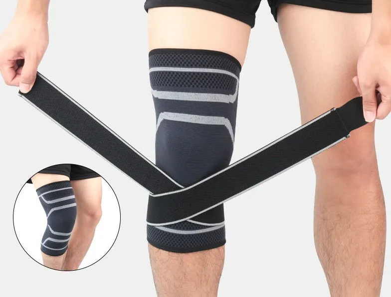 Adjustable sports knee pad with silicone non-slip strip in black knitted fabric