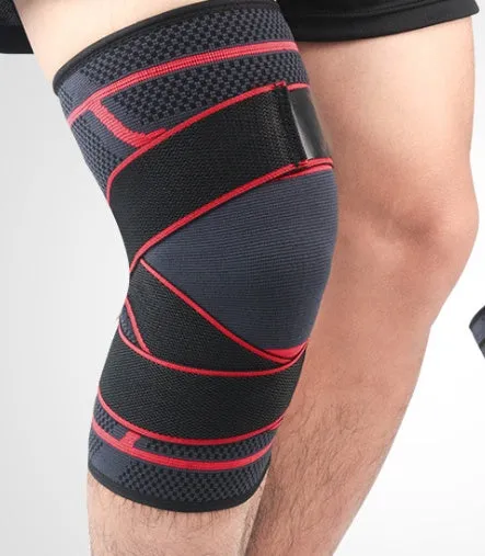 Adjustable sports knee pad with silicone non-slip strip in black knitted fabric