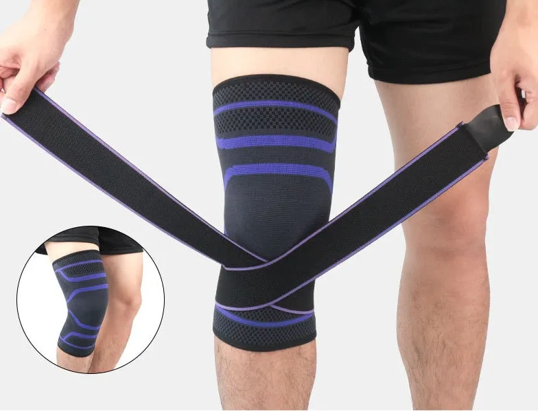 Adjustable sports knee pad with silicone non-slip strip in black knitted fabric