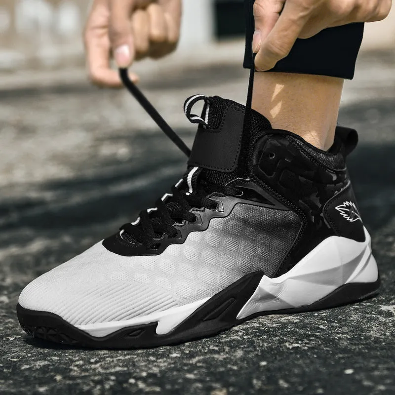 Men's mid-top gradient mesh breathable sneakers black white rubber sole front tie