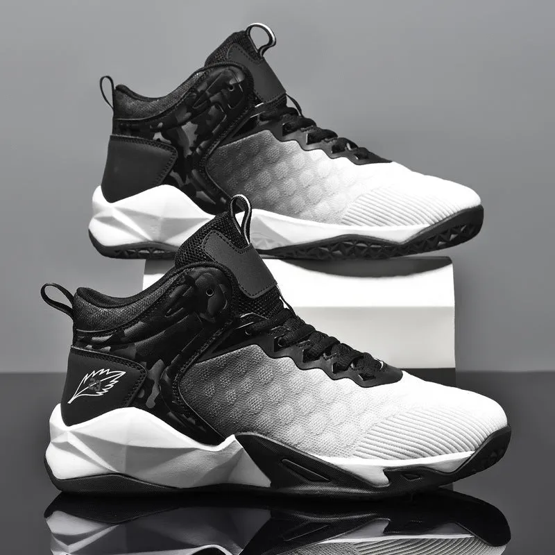 Men's mid-top gradient mesh breathable sneakers black white rubber sole front tie