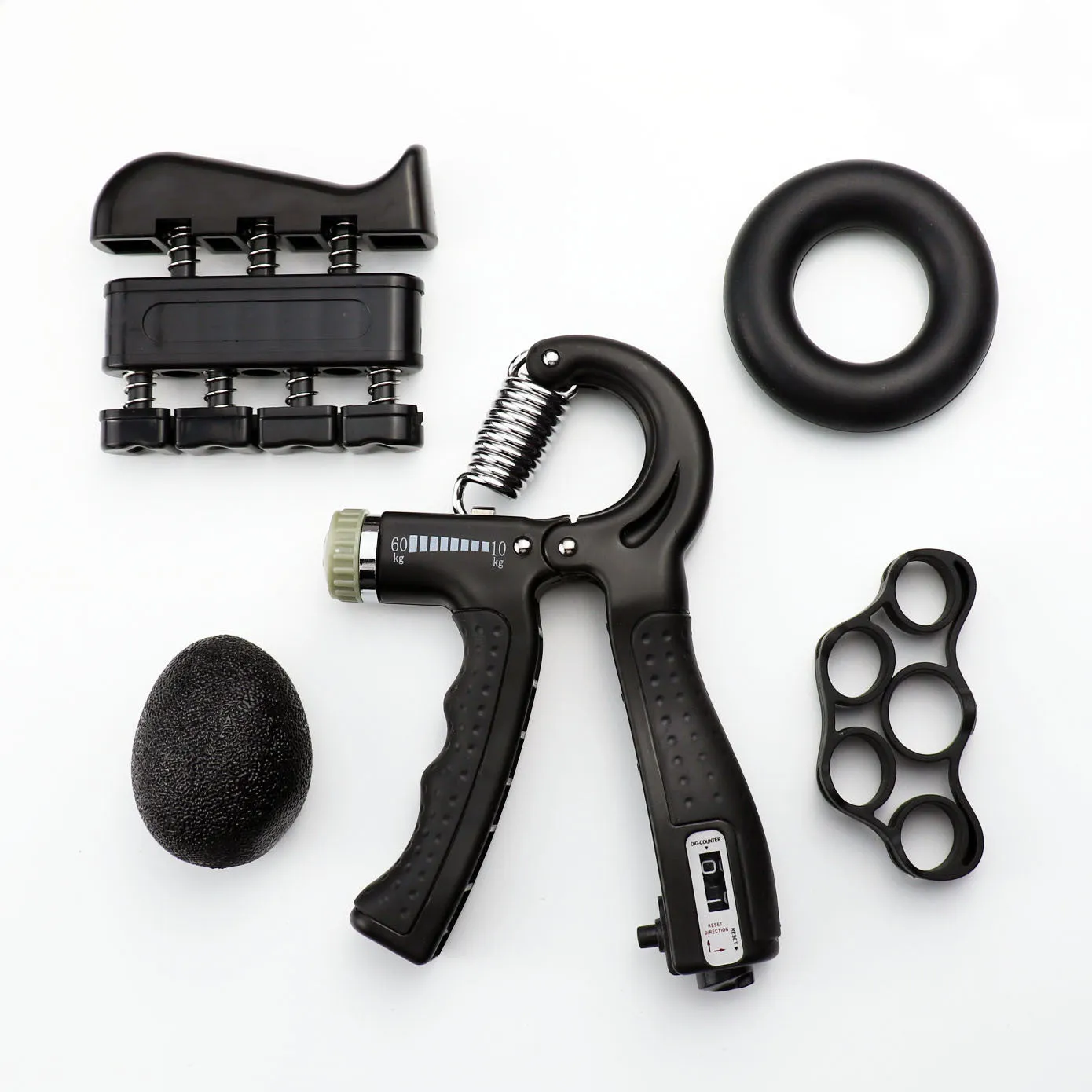 Adjustable hand grip with mechanical counter showing black ABS handles and stainless steel spring on white background